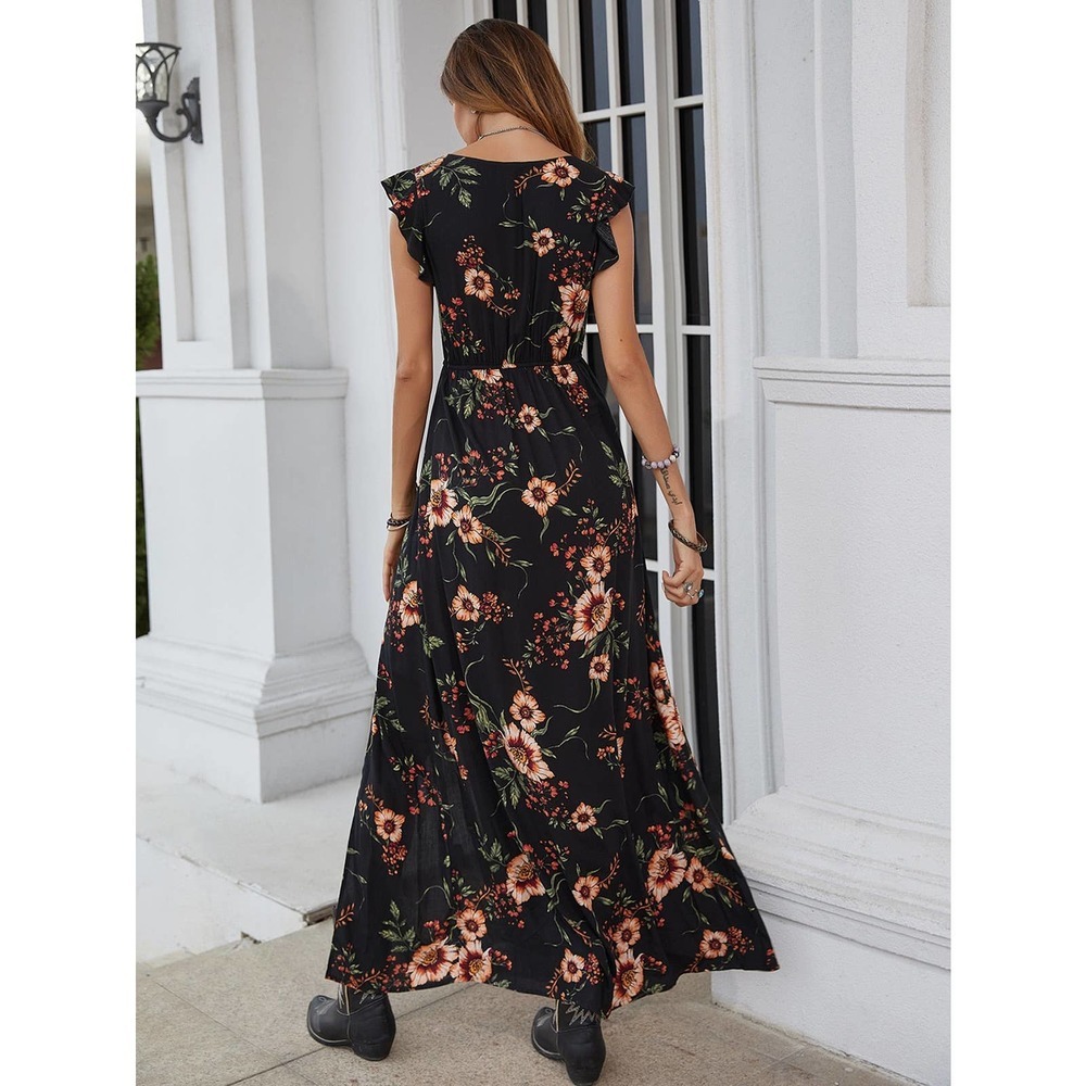 boho Floral Print Ruffle Slit Thigh maxi Dress (Without Belt) rust orange - Picture 9 of 11